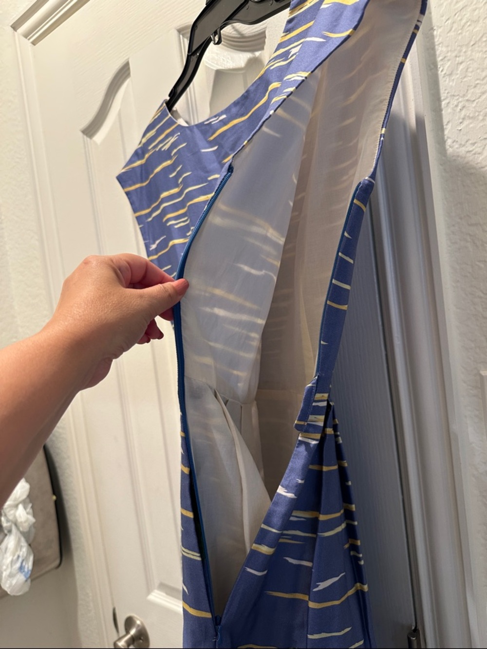Palava UK Retro Riviera Dress Blue Size 10 Novelty Border Print Organic Cotton - Picture 12 of 15
